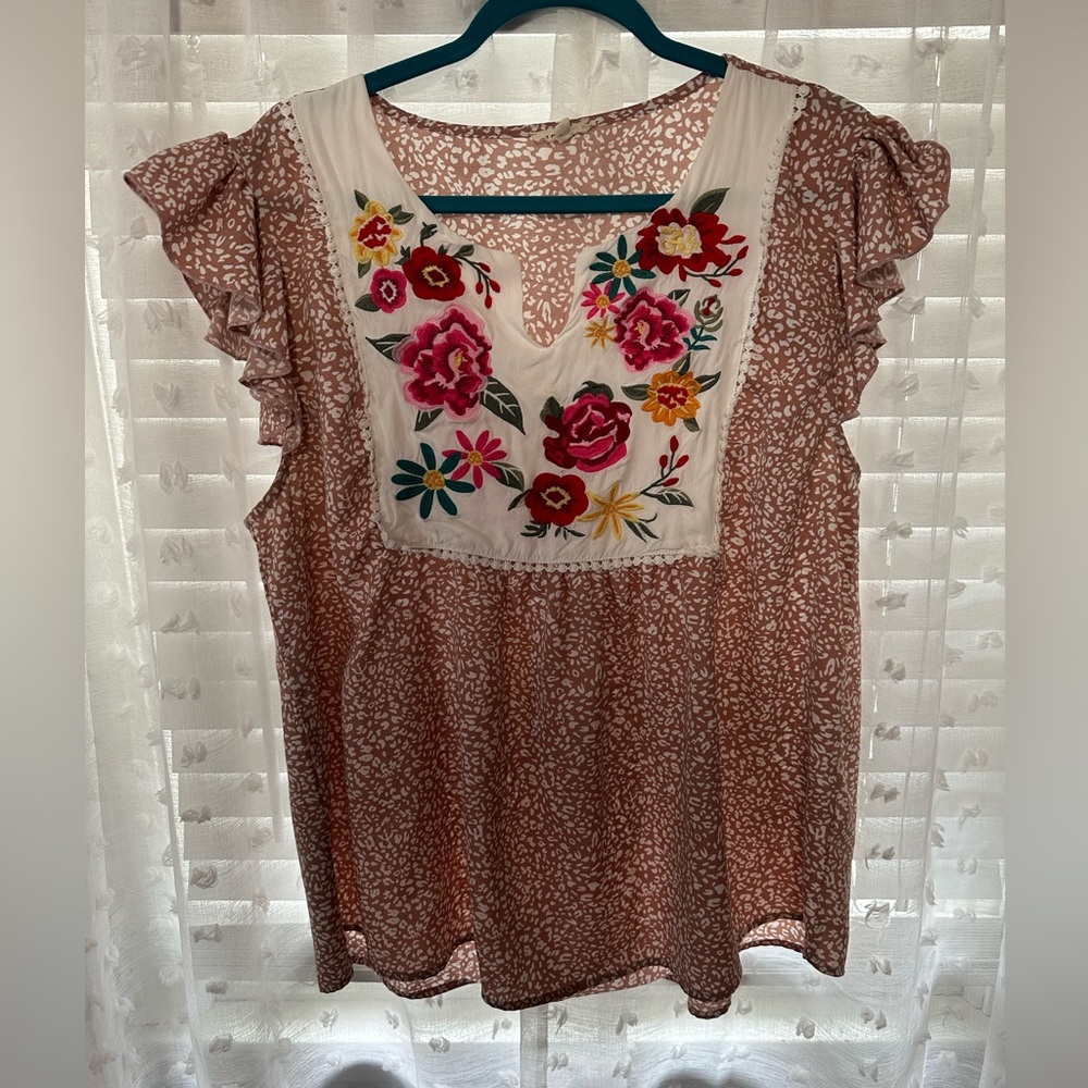 Patterned/Floral Embroidered Blouse, Chic Soul 1X